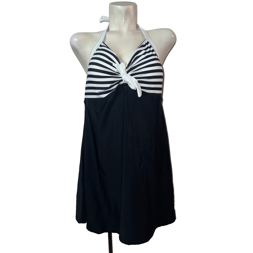 Surfgear Womens XL Swim Dress Black White Striped Halter Neck One Piece Swimsuit